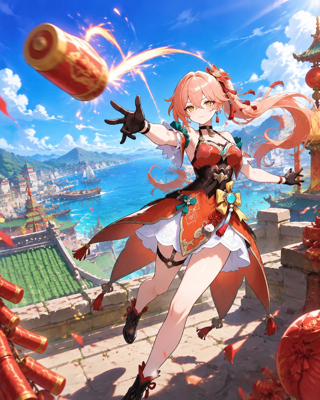 Tossing a high-velocity firecracker On a sun-drenched rooftop overlooking the harbor (vibrant cel-shaded anime, high saturation)