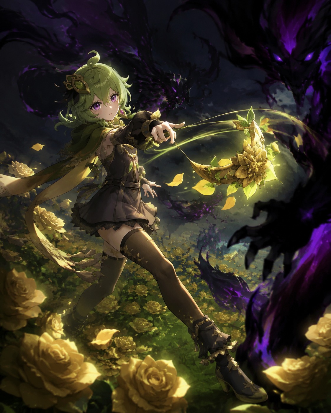 Battling dark corruption with her floral boomerang In a meadow bursting with Sumeru Roses (dramatic chiaroscuro, sharp cinematic shadows)