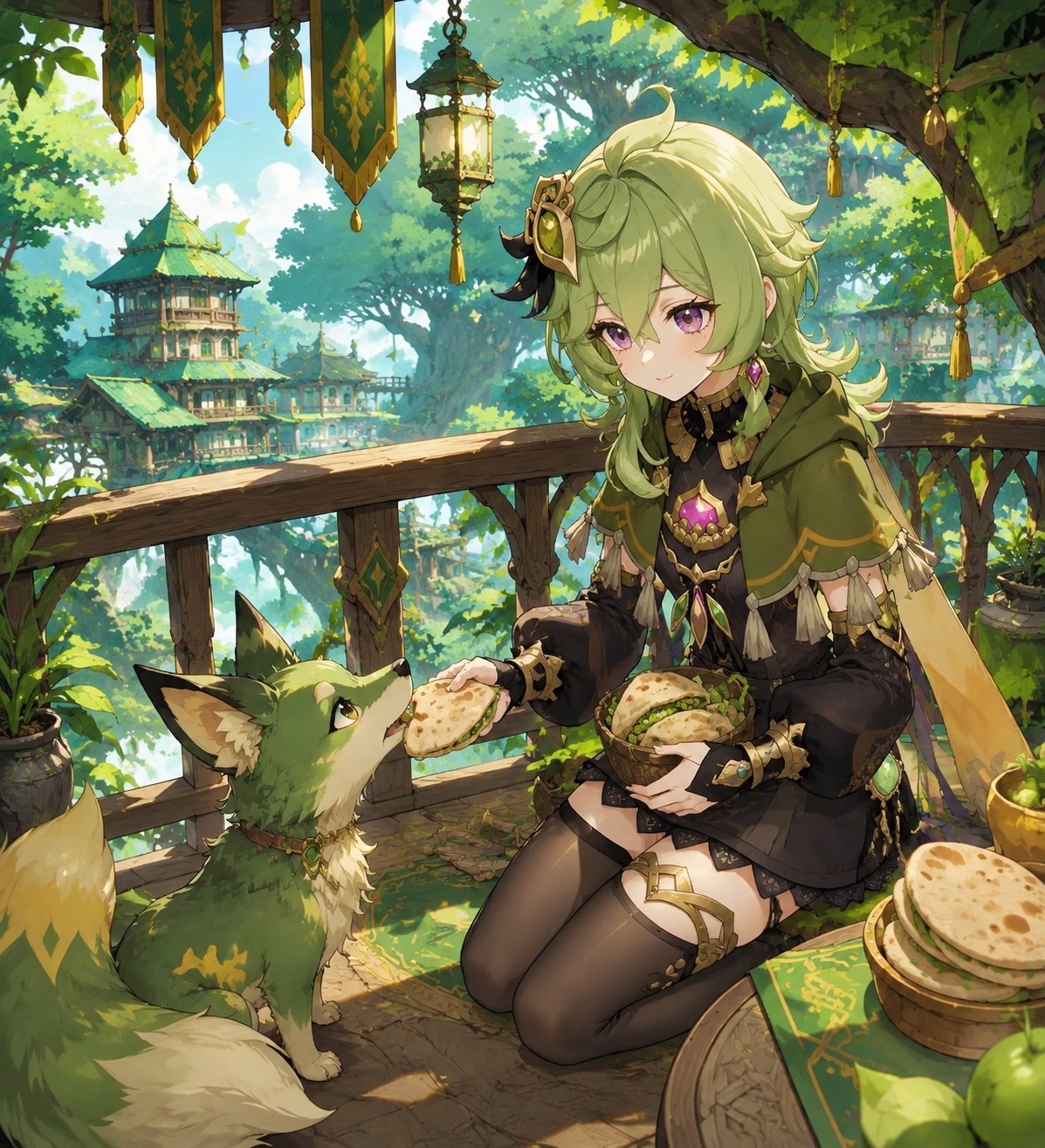 Feeding pita pockets to a forest fox On a balcony in the high canopy village (vibrant cel-shaded anime, lush green palette)