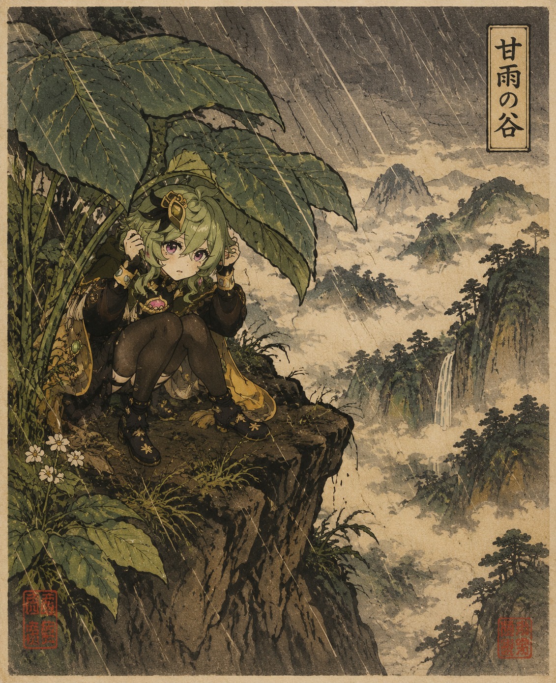 Hiding from a sudden downpour under leaves On a precipice overlooking a misty valley (traditional woodblock print, bold ink lines)