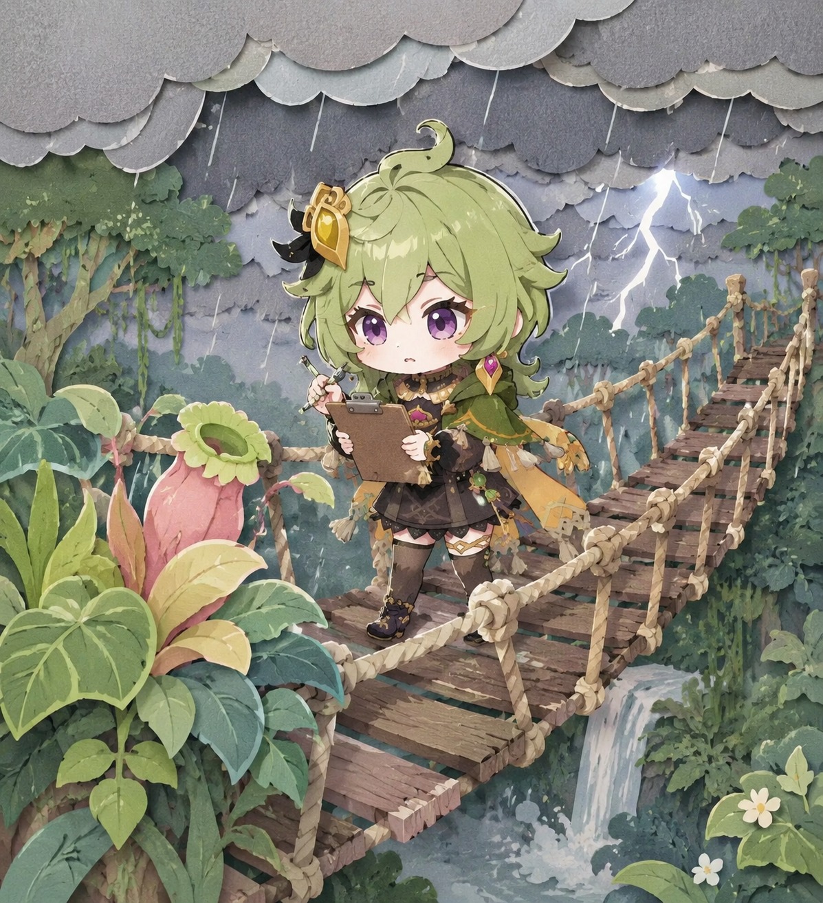 Monitoring the health of rare rainforest plants On a swaying rope bridge during a storm (cute chibi style, pastel paper cutouts)