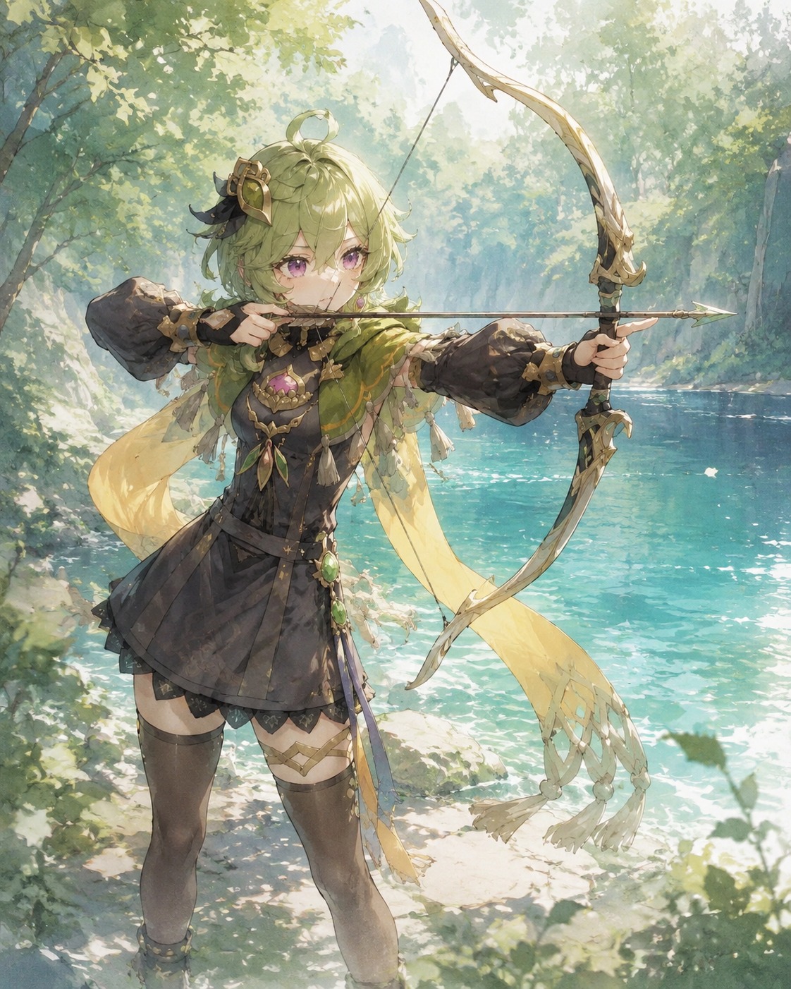 Practicing archery with intense focus At the edge of a shimmering turquoise lake (soft watercolor, ethereal forest light)
