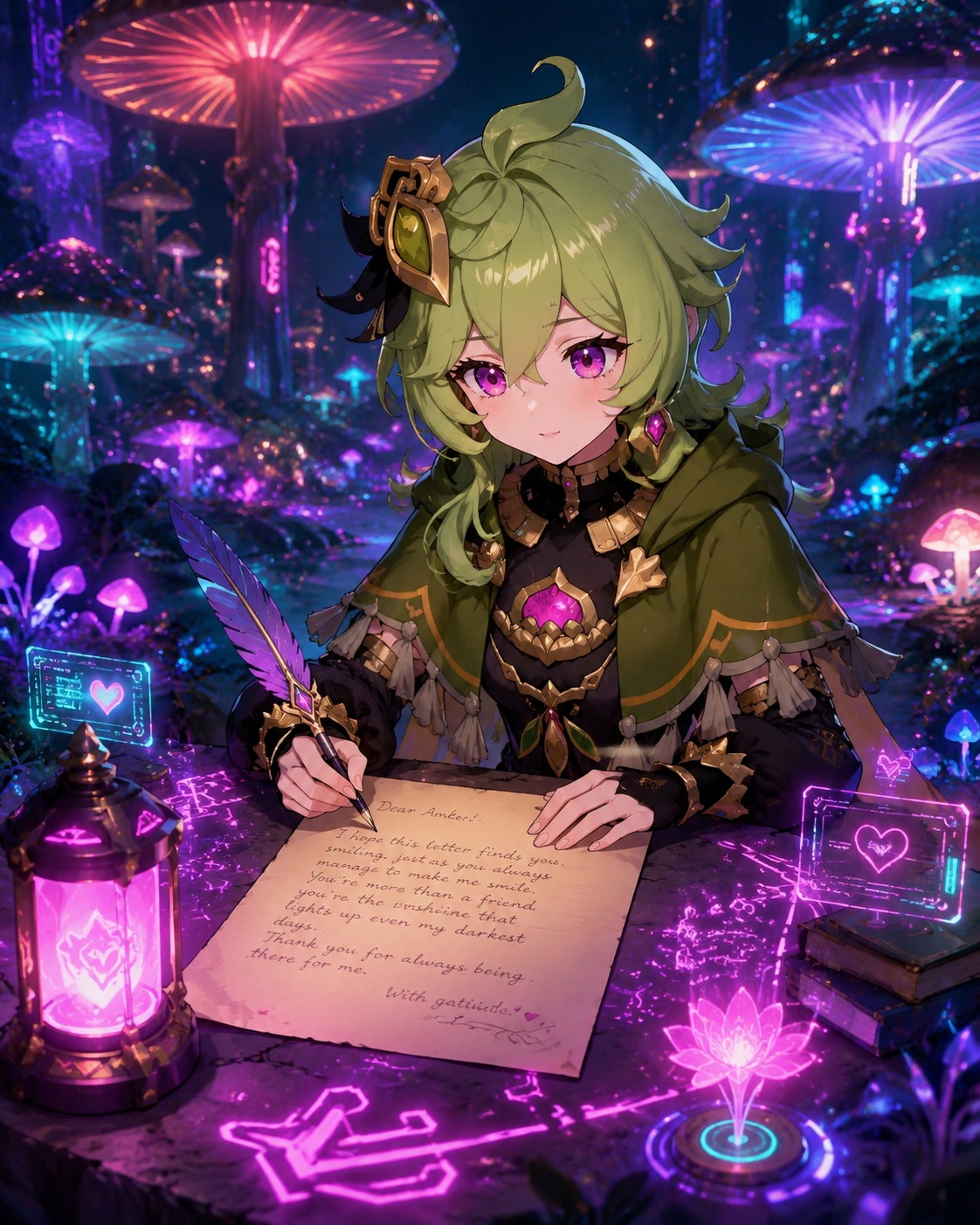 Writing a heartfelt letter to amber In a glowing grove of giant Sumeru mushrooms (futuristic synthwave, glowing neon accents)