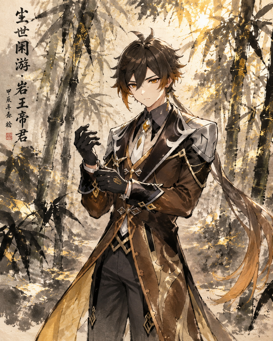 Adjusting the cuffs of his formal brown coat In a lush bamboo forest dappled with morning sunlight (traditional ink wash painting, bold strokes, gold highlights)