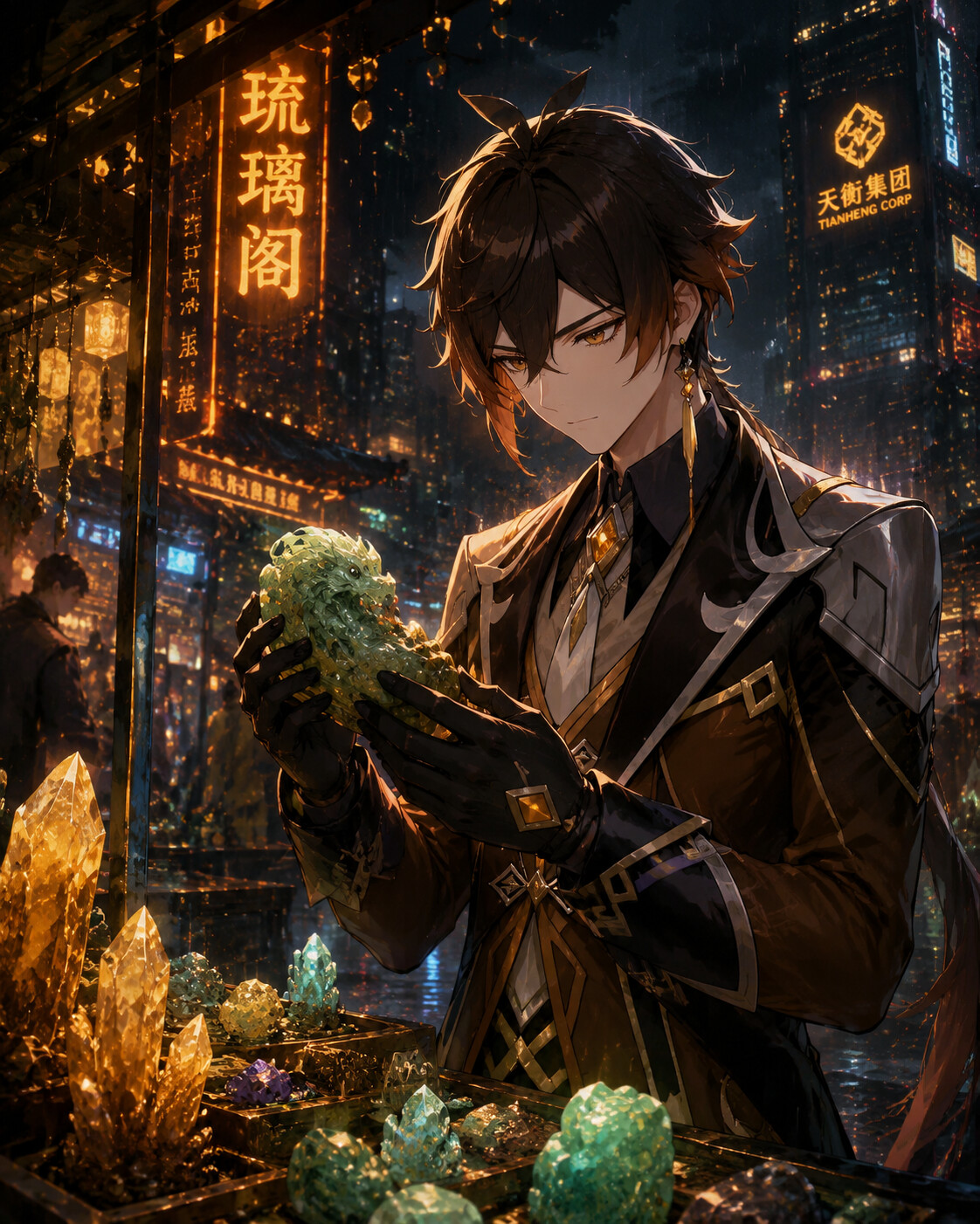 Examining a rare jade carving with meticulous care at a merchant's stall filled with glittering minerals (cyberpunk aesthetic)