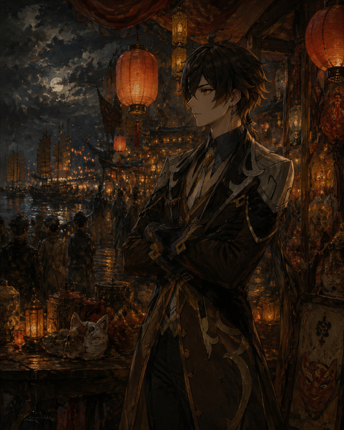 Folding his arms while observing the bustling harbor at a festive street stall during the Lantern Rite (dark gothic oil painting)