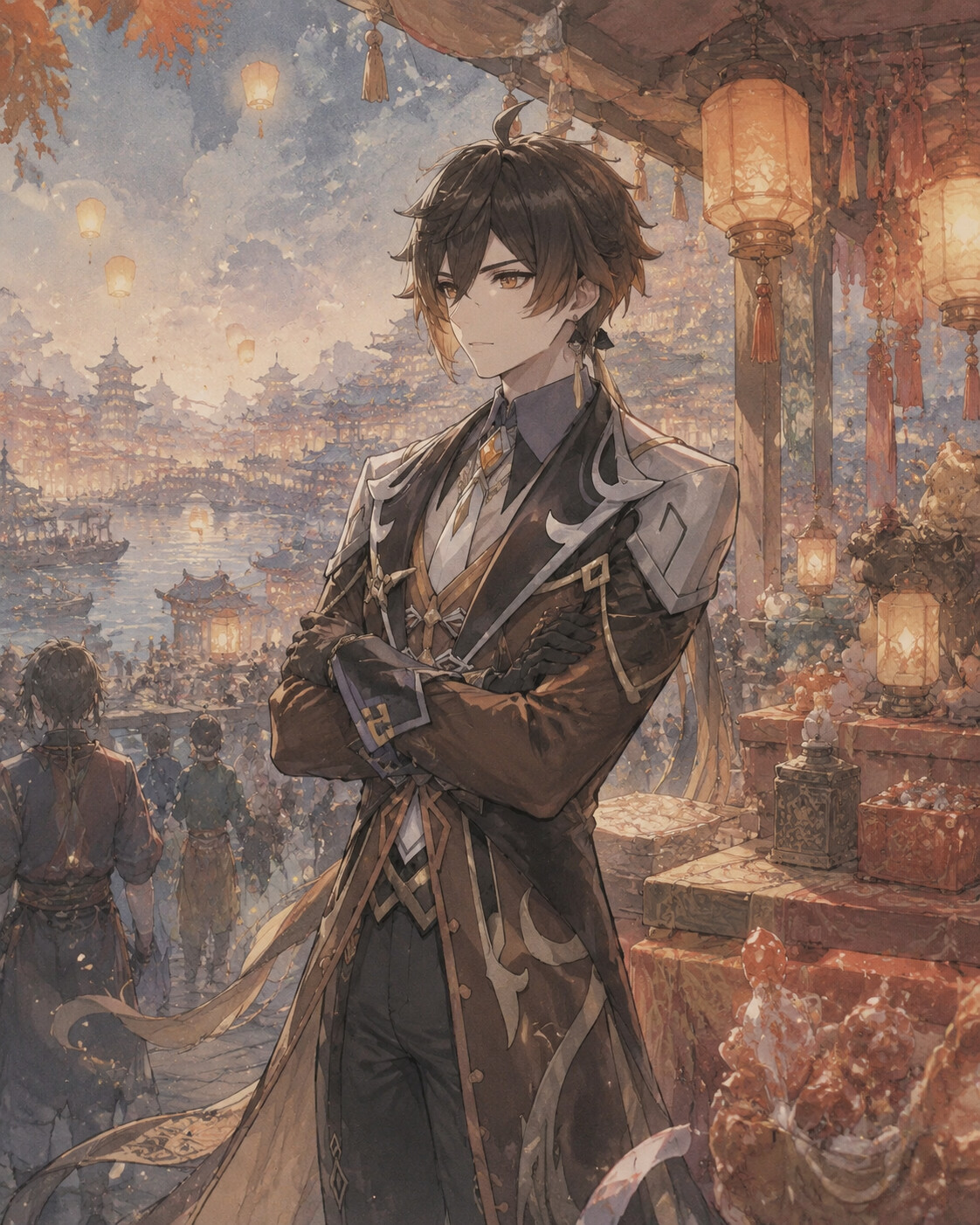 Folding his arms while observing the bustling harbor at a festive street stall during the Lantern Rite (soft watercolor anime)