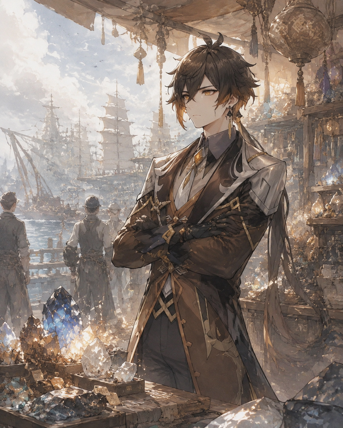 Folding his arms while observing the bustling harbor At a merchant's stall filled with glittering minerals (soft watercolor anime, ethereal atmosphere, muted tones)