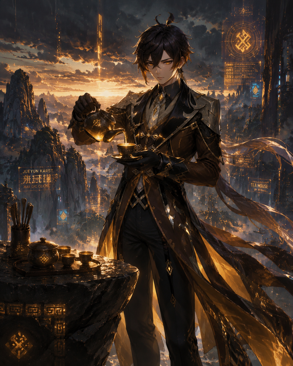 Pouring tea for an unseen guest with perfect poise On the windy summit of Jueyun Karst at dawn (cyberpunk aesthetic, neon amber glows, rainy textures)