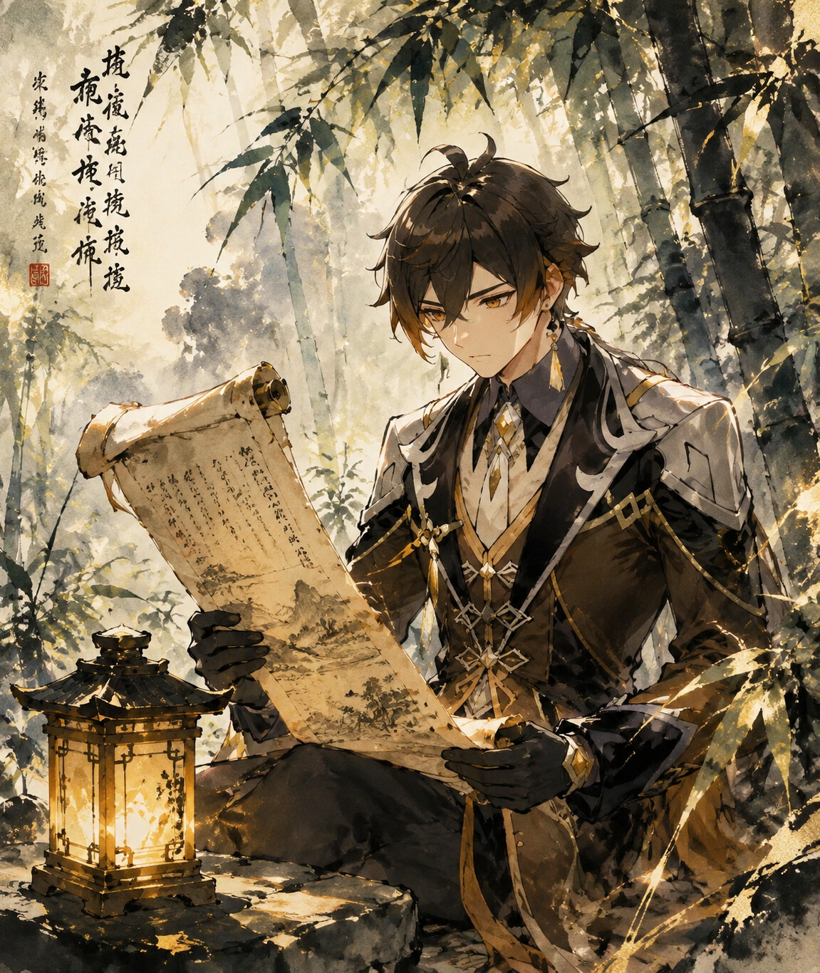 Reading an ancient scroll by the light of a lantern in a lush bamboo forest dappled with morning sunlight (traditional ink wash painting)