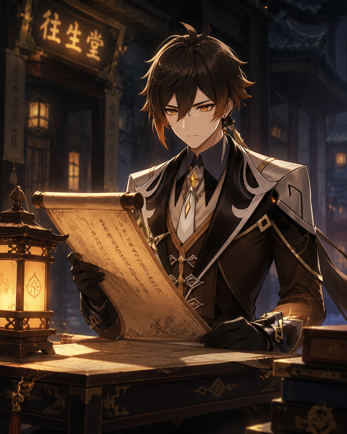 Reading an ancient scroll by the light of a lantern In the silent halls of the Wangsheng Funeral Parlor (cinematic fantasy illustration, dramatic lighting, sharp focus)