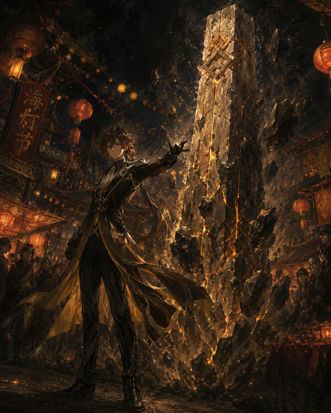 Summoning a towering stone pillar from the ground At a festive street stall during the Lantern Rite (dark gothic oil painting, heavy shadows, rich textures)