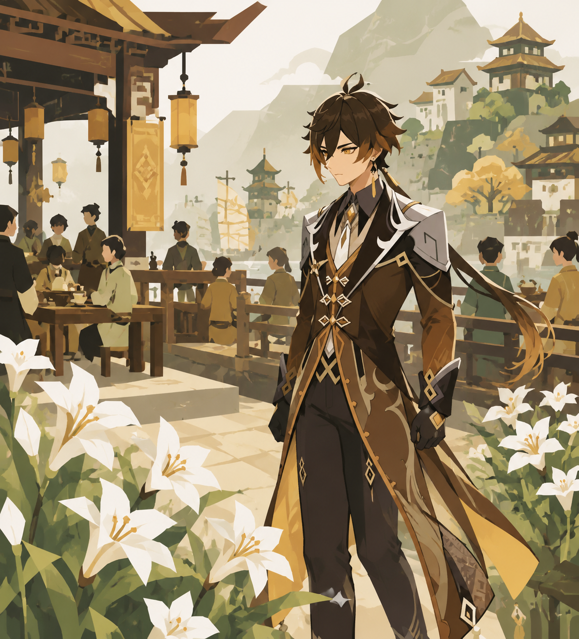 Walking slowly through a field of glaze lilies At a busy tea house terrace in Liyue Harbor (minimalist vector art, clean lines, geometric shapes)