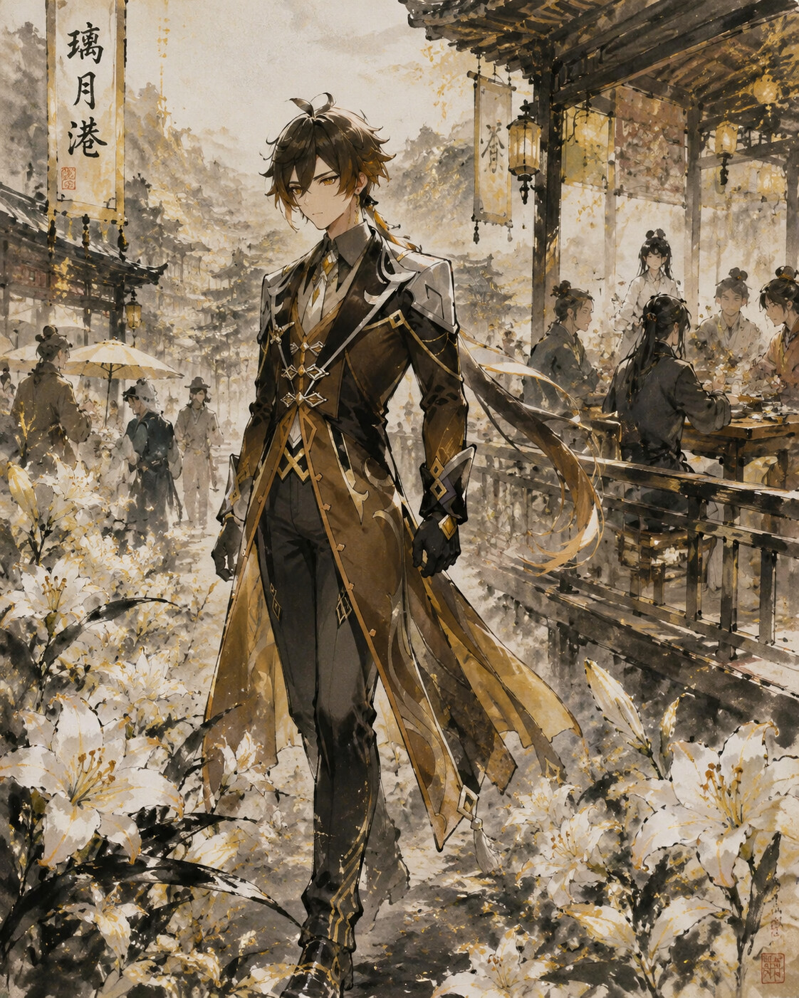 Walking slowly through a field of glaze lilies at a busy tea house terrace in Liyue Harbor (traditional ink wash painting)