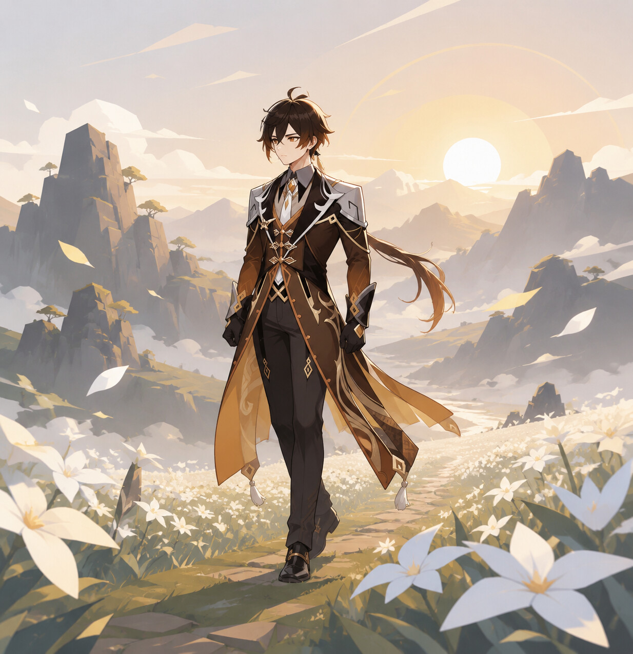 Walking slowly through a field of glaze lilies on the windy summit of Jueyun Karst at dawn (minimalist vector art)