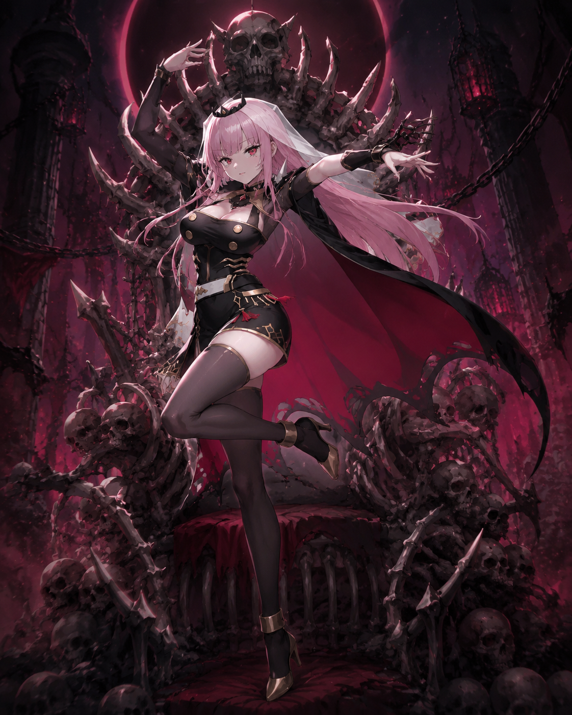 Performing an energetic dance move On a throne made of bones in the underworld (dark fantasy illustration, gothic atmosphere)
