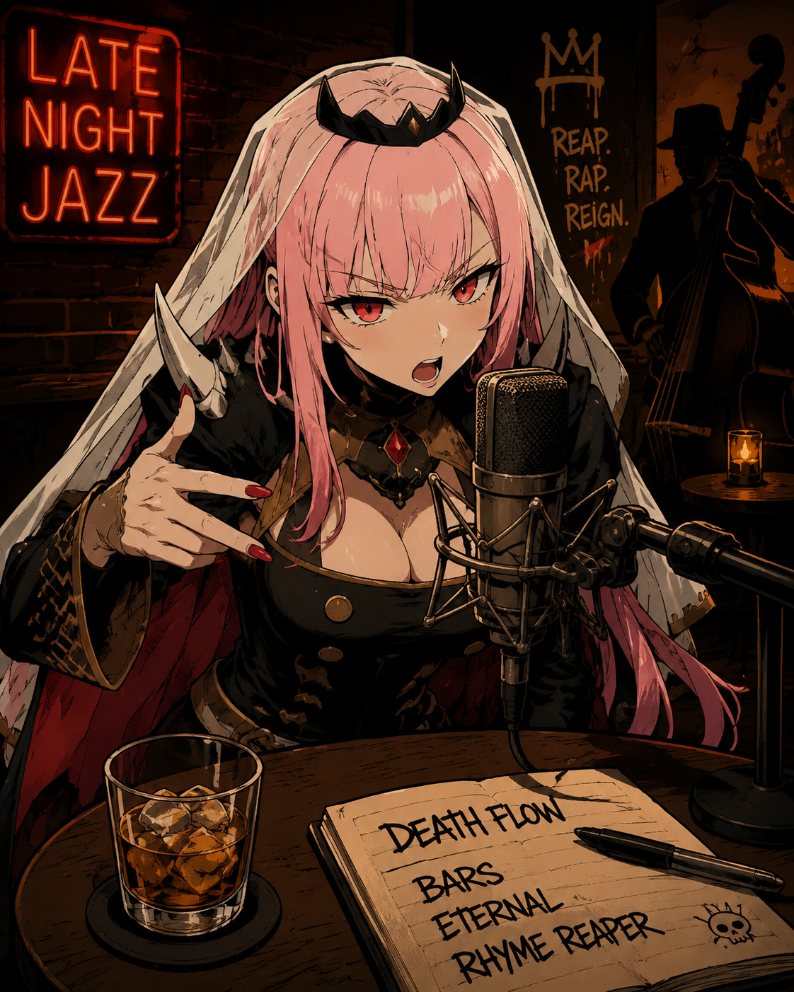 Rapping fiercely into a studio microphone At a quiet table in a dim jazz bar (chunky cel-shaded street art style)