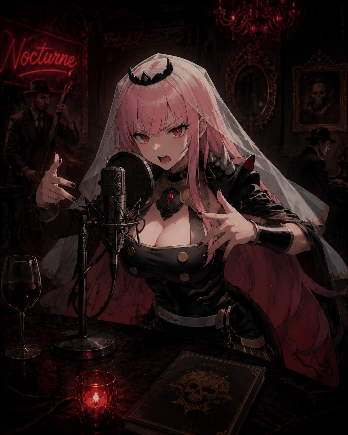 Rapping fiercely into a studio microphone at a quiet table in a dim jazz bar (dark fantasy illustration)