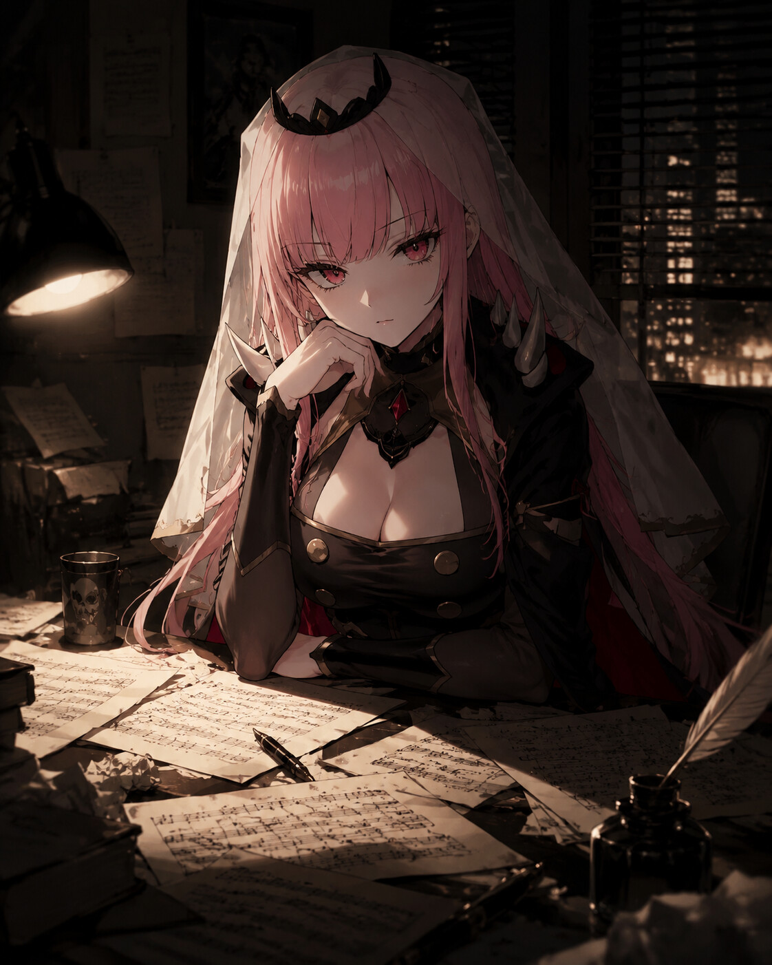 Resting her chin on her hand thoughtfully at a cluttered desk covered in music sheets (cinematic noir)