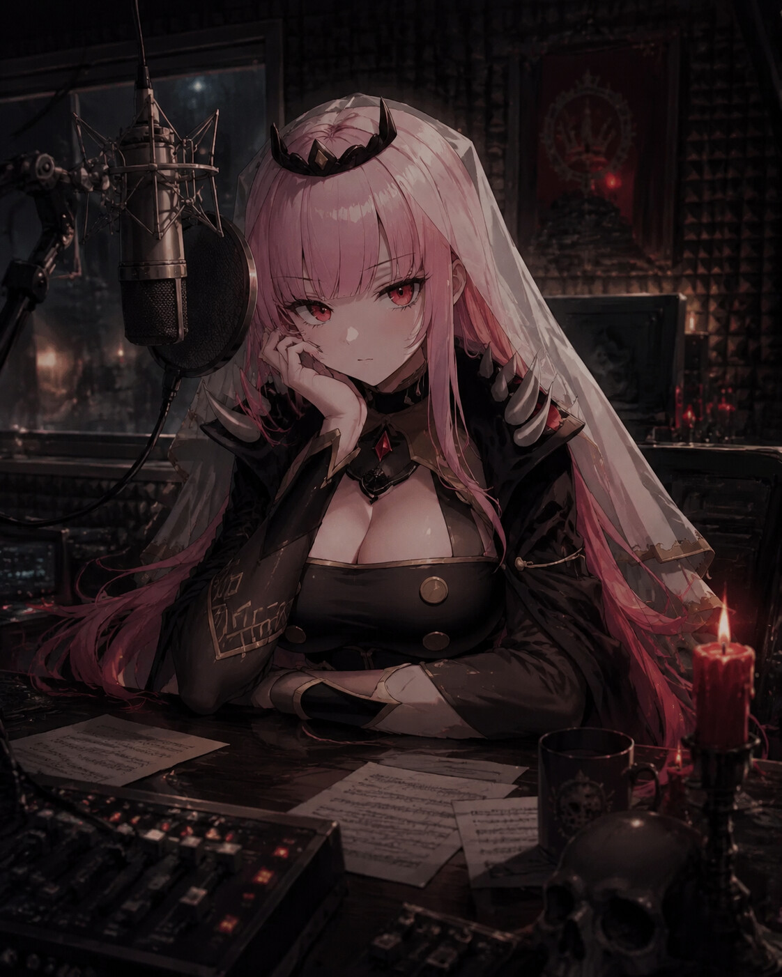Resting her chin on her hand thoughtfully in a professional soundproof recording studio (dark fantasy illustration)
