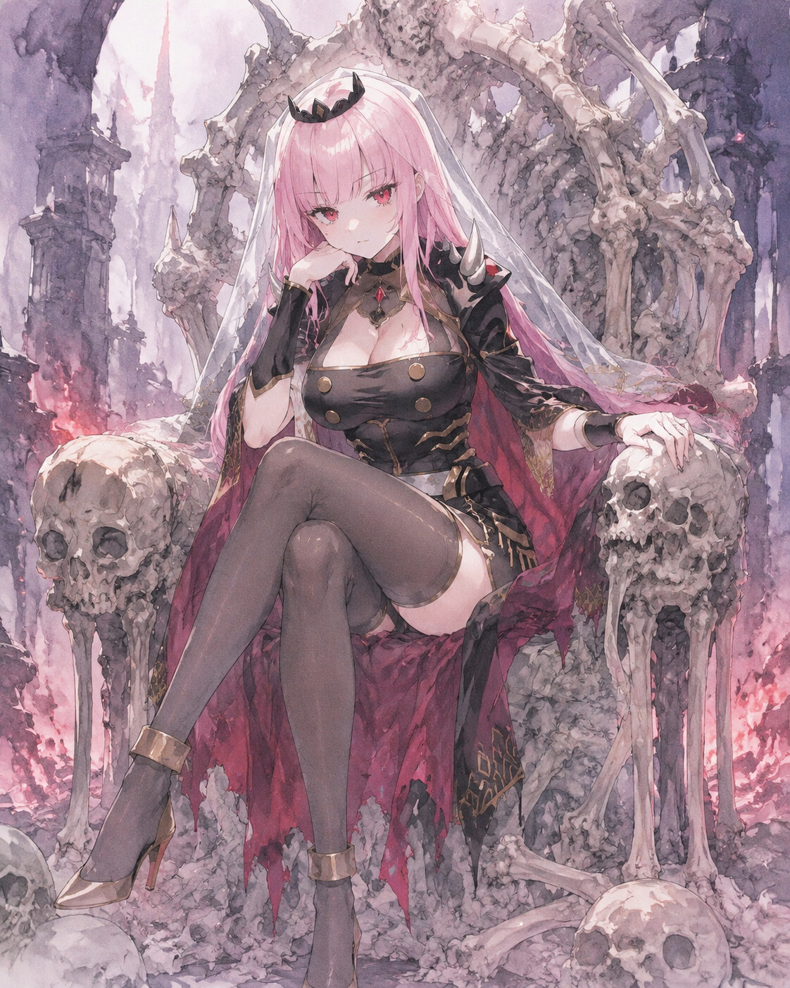 Resting her chin on her hand thoughtfully on a throne made of bones in the underworld (soft watercolor anime)