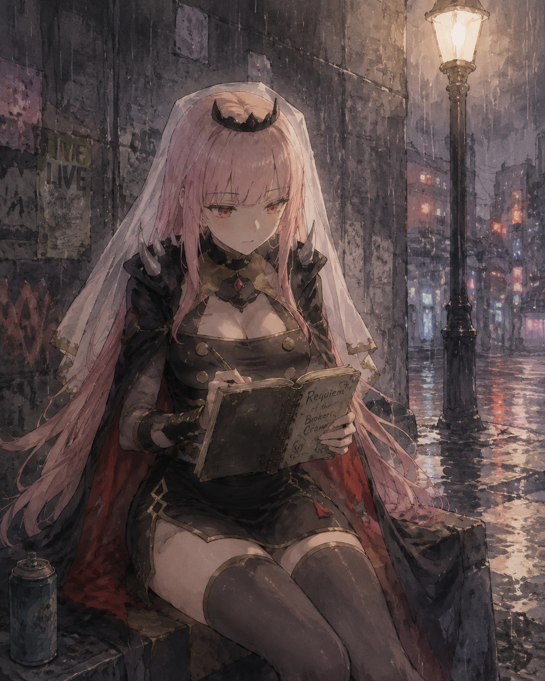 Scribbling lyrics into a worn notebook In a rainy metropolitan alleyway under a flickering streetlamp (soft watercolor anime, delicate linework)