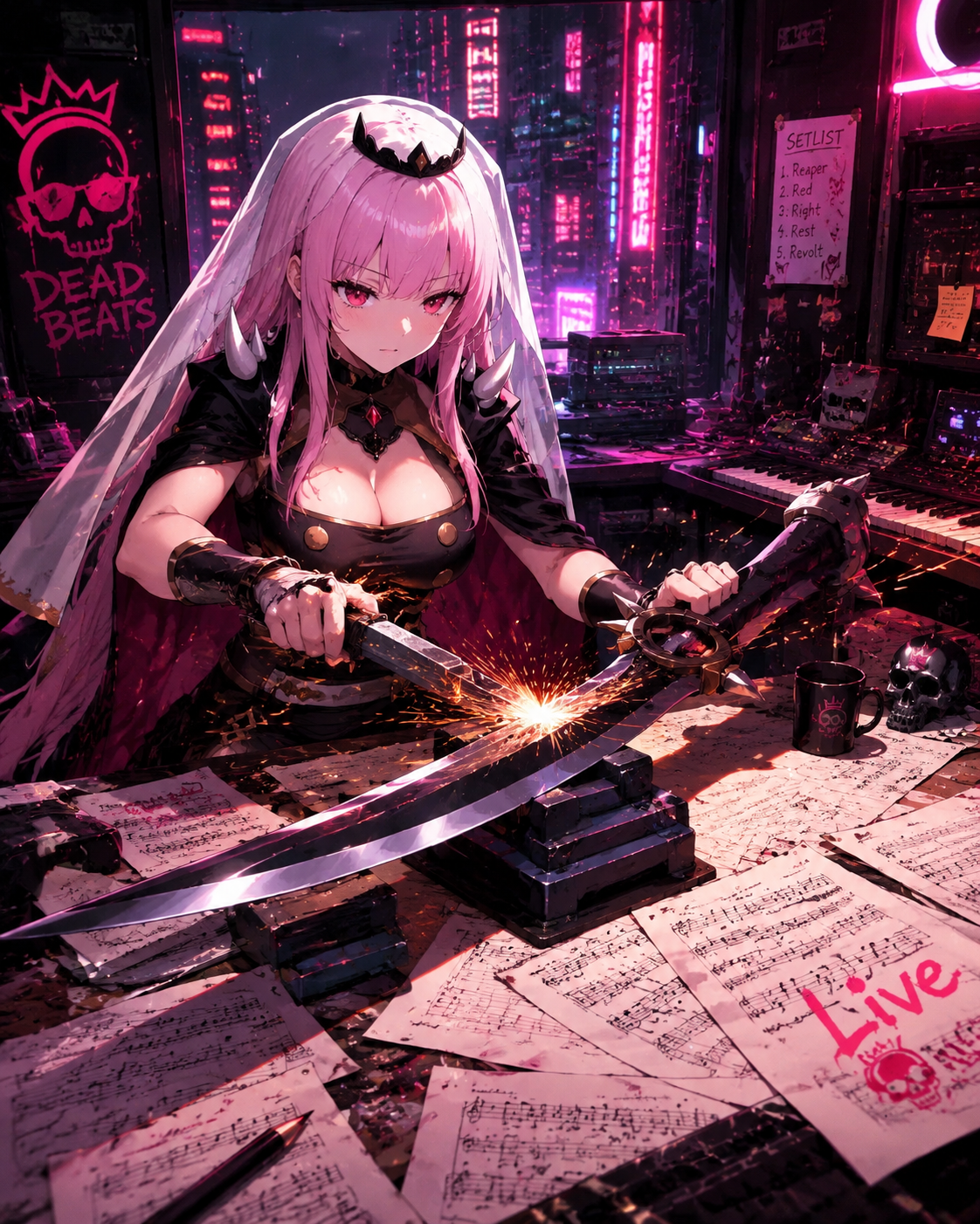 Sharpening the blade of her massive scythe At a cluttered desk covered in music sheets (vibrant neon cyberpunk, high contrast)