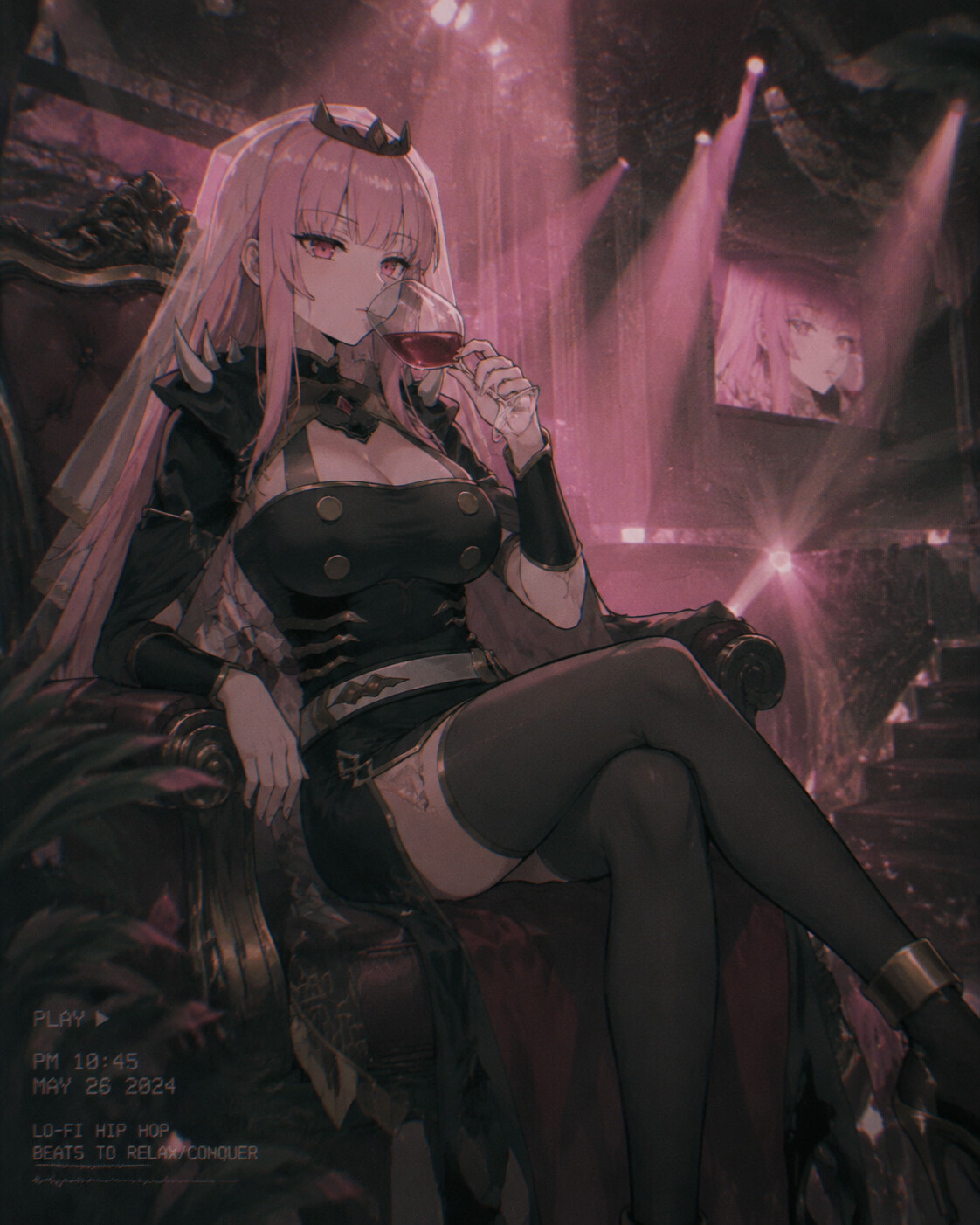Sipping a glass of red wine while relaxing on a grand stage under blinding pink spotlights (lo-fi hip hop aesthetic)
