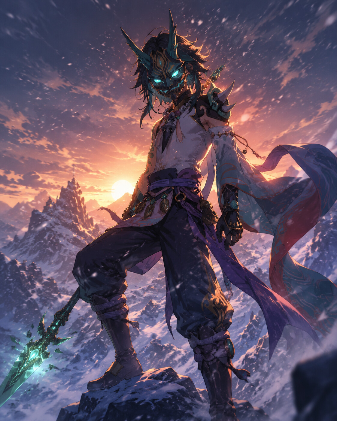 Donning his yaksha mask for battle at the snowy peak of Dragonspine during a blizzard (cinematic cel-shaded)