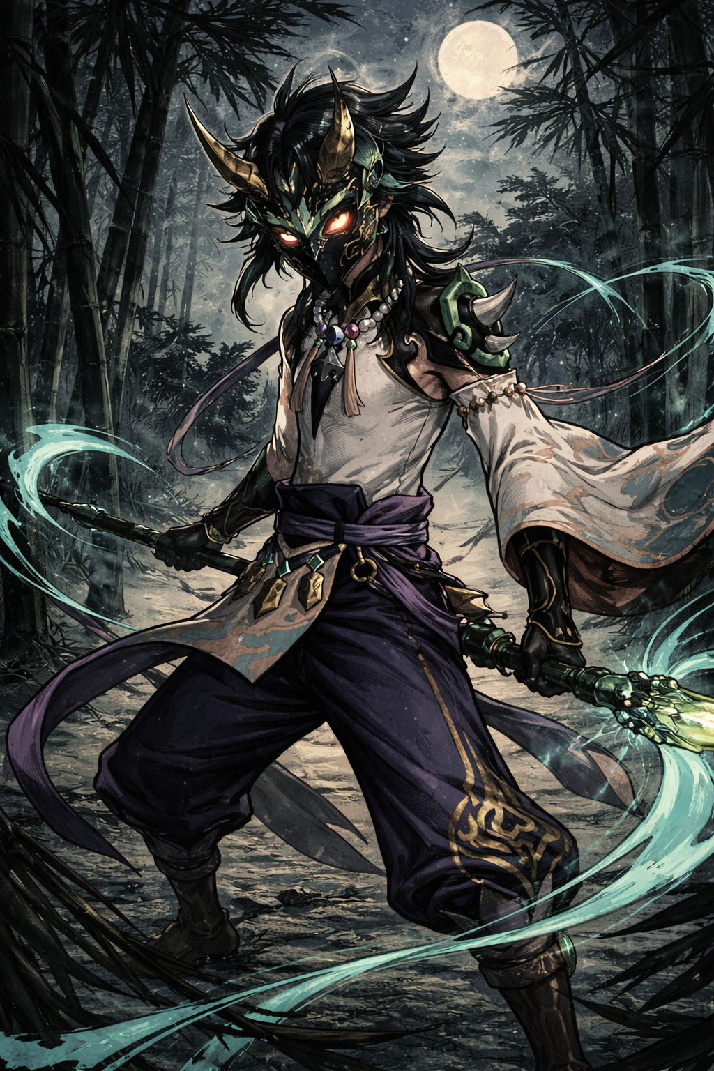 Donning his yaksha mask for battle In a quiet bamboo forest under silver moonlight (dark ukiyo-e style, bold ink strokes)