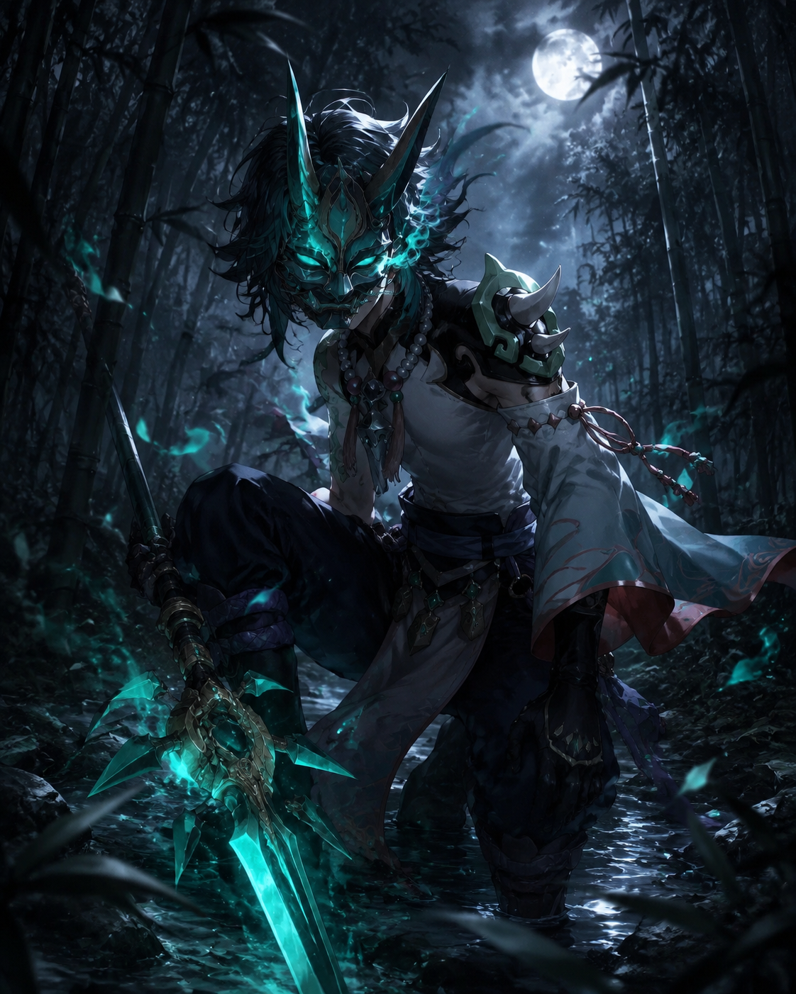 Donning his yaksha mask for battle In a quiet bamboo forest under silver moonlight (gritty dark fantasy, high contrast shadows)