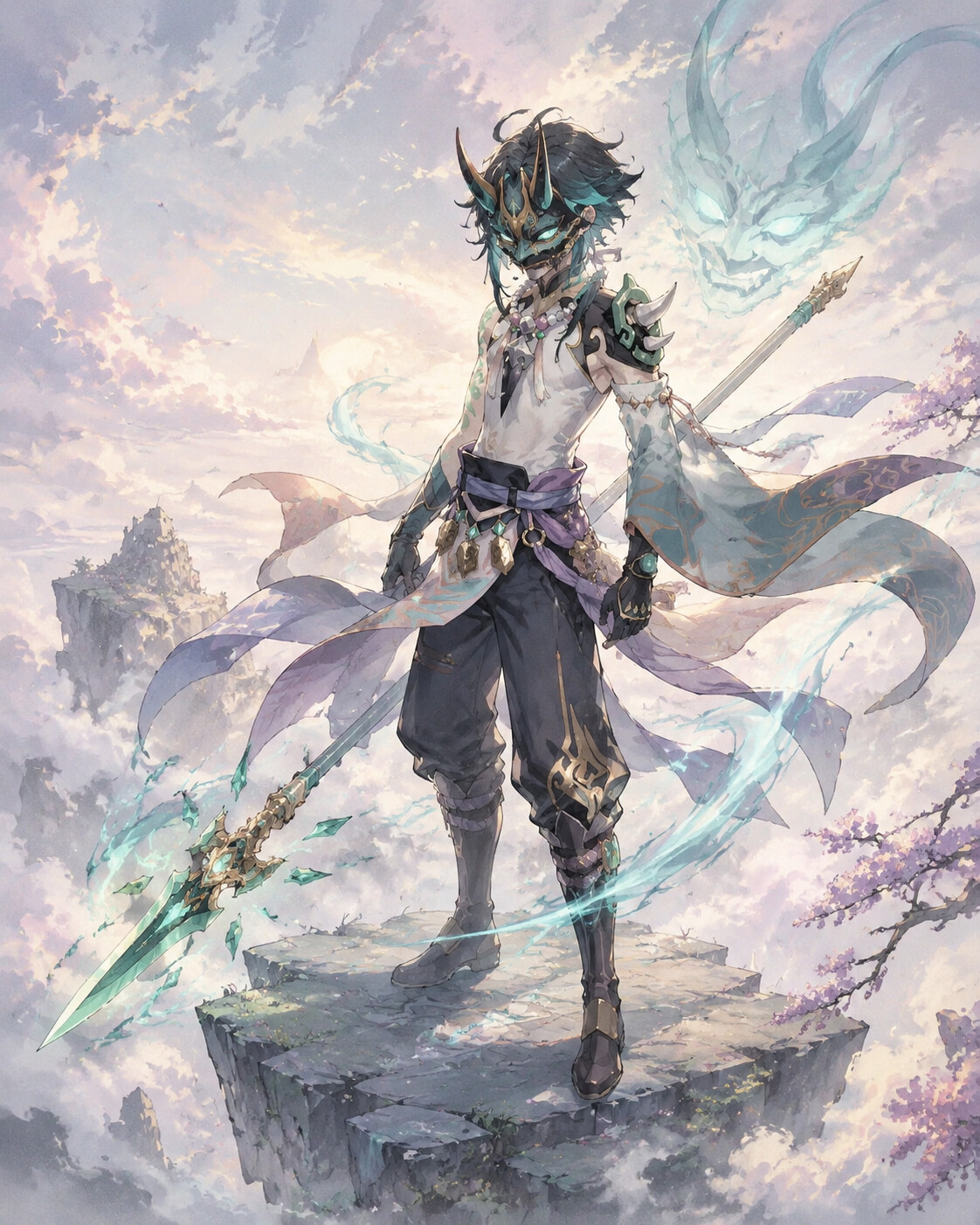 Donning his yaksha mask for battle on a floating stone platform above the clouds (soft watercolor anime)