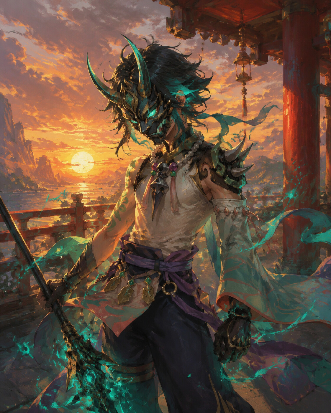 Donning his yaksha mask for battle on the balcony of Wangshu Inn at sunset (ethereal oil painting)