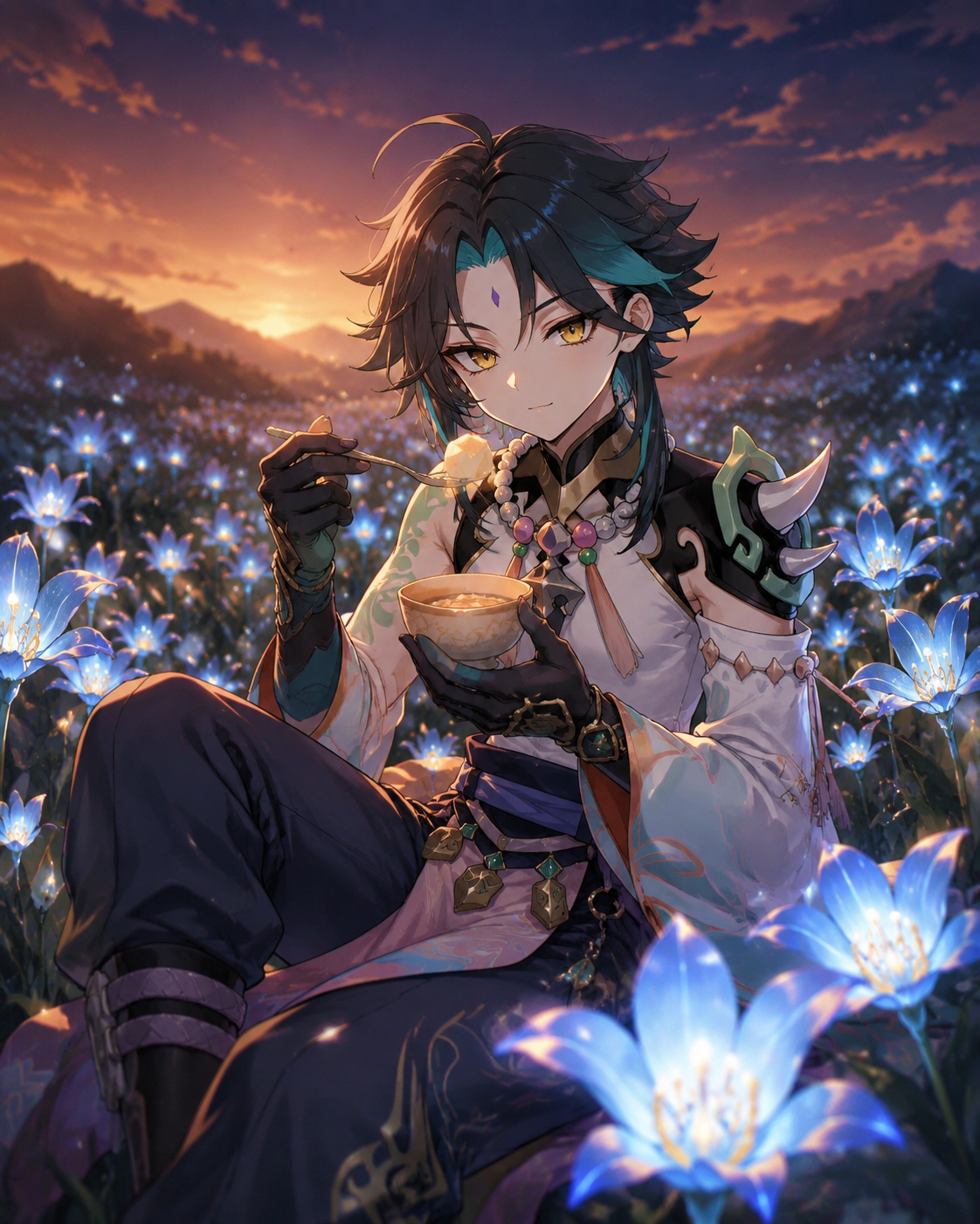 Eating almond tofu with a faint smile In a field of glowing Glaze Lilies at night (cinematic cel-shaded, dramatic sunset glow)