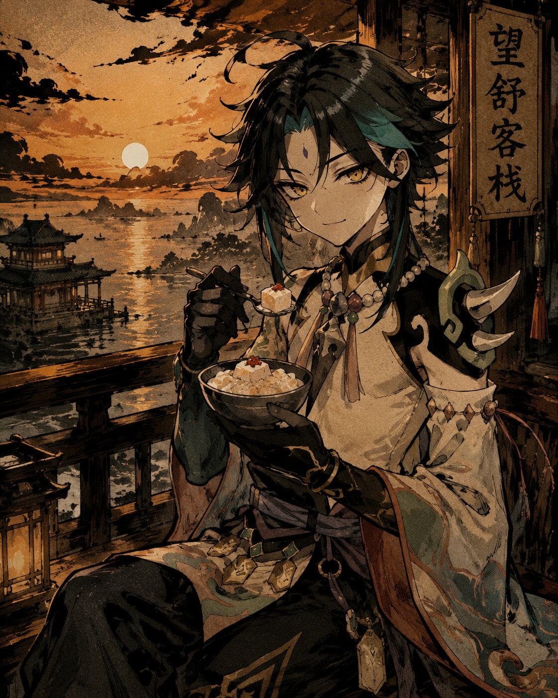 Eating almond tofu with a faint smile on the balcony of Wangshu Inn at sunset (dark ukiyo-e style)