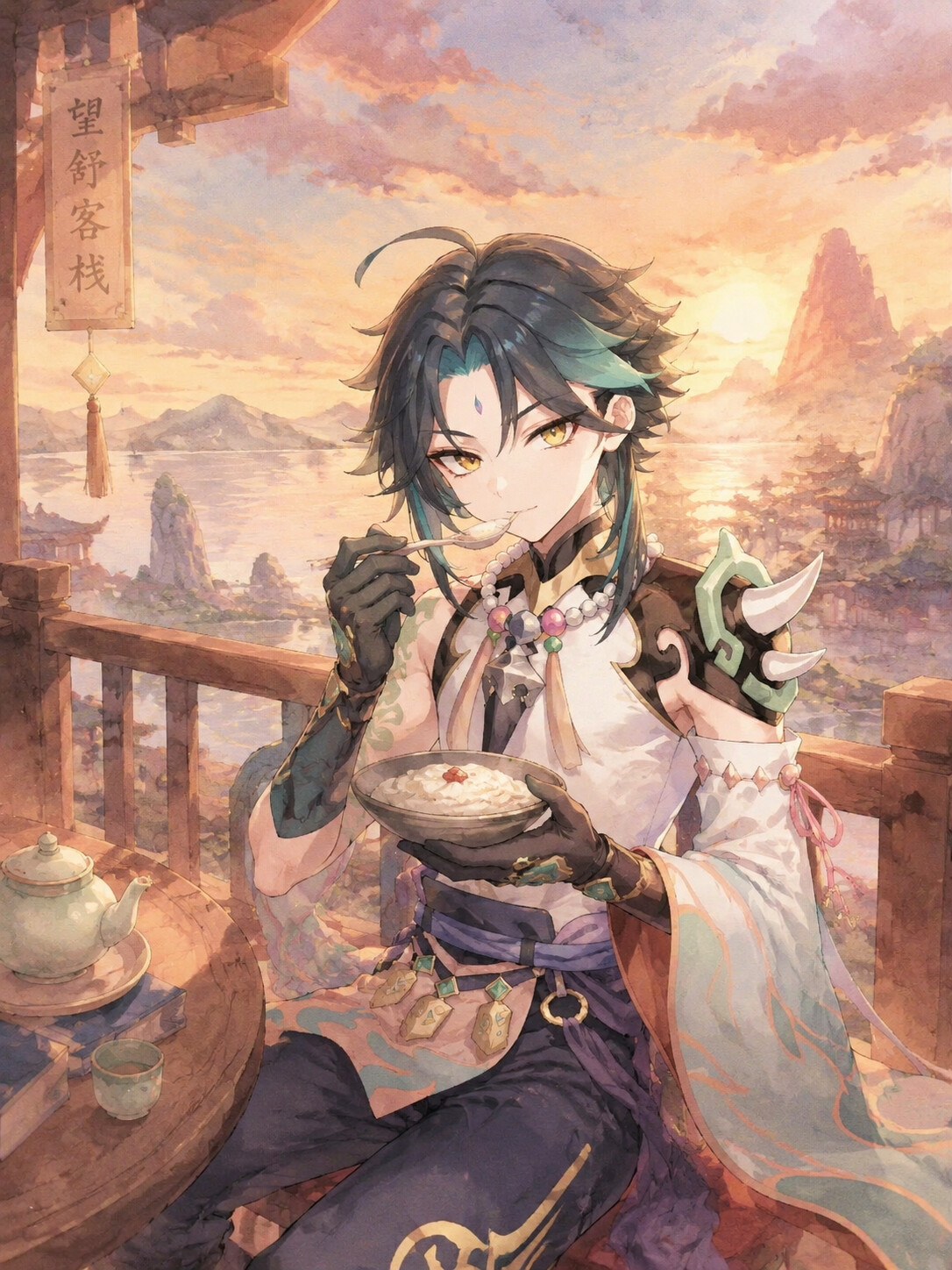 Eating almond tofu with a faint smile on the balcony of Wangshu Inn at sunset (soft watercolor anime)