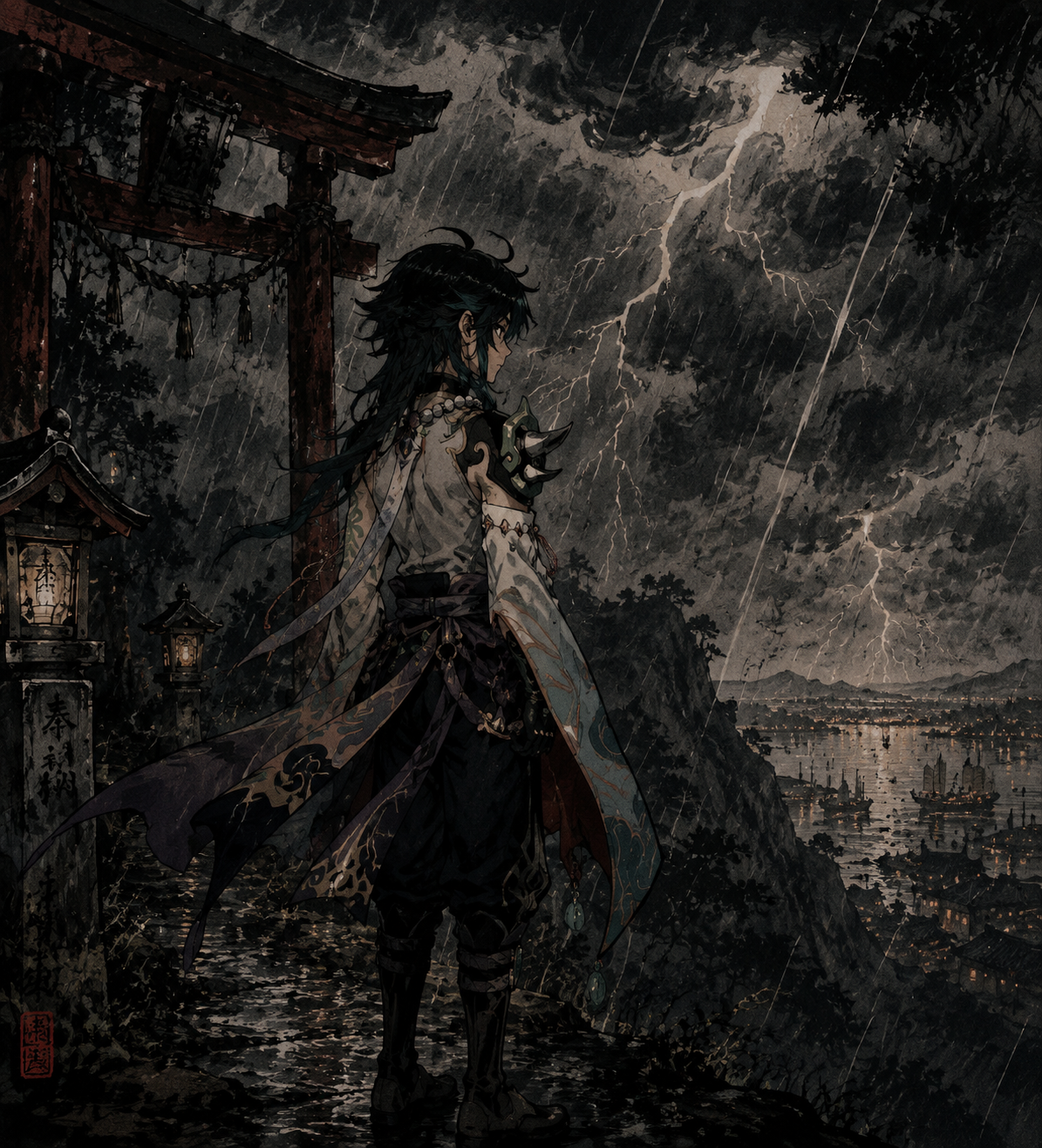 Gazing at the distant harbor lights At a secluded mountain shrine during a thunderstorm (dark ukiyo-e style, bold ink strokes)