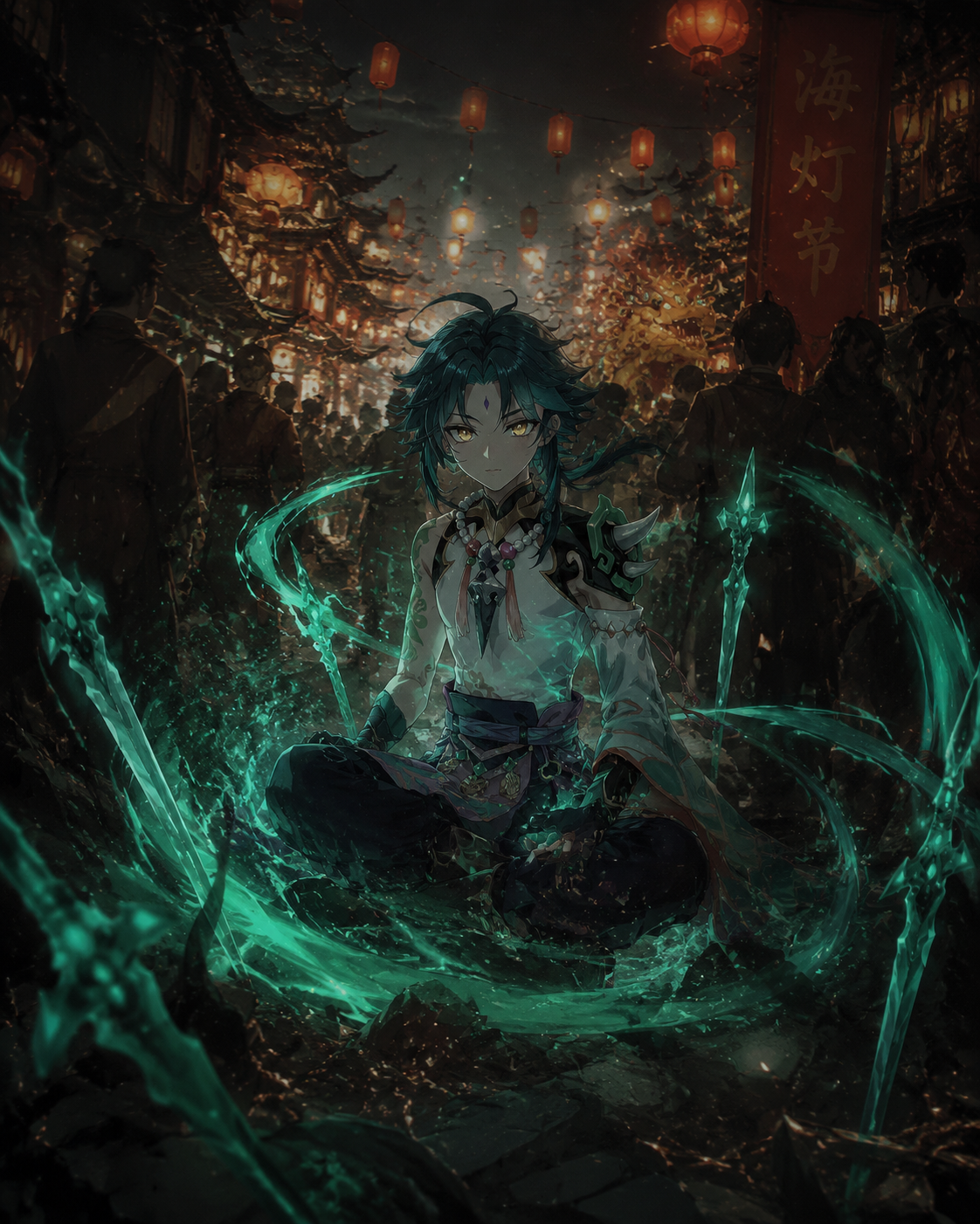 Meditating amidst swirling emerald energy In the bustling streets of Liyue during Lantern Rite (gritty dark fantasy, high contrast shadows)
