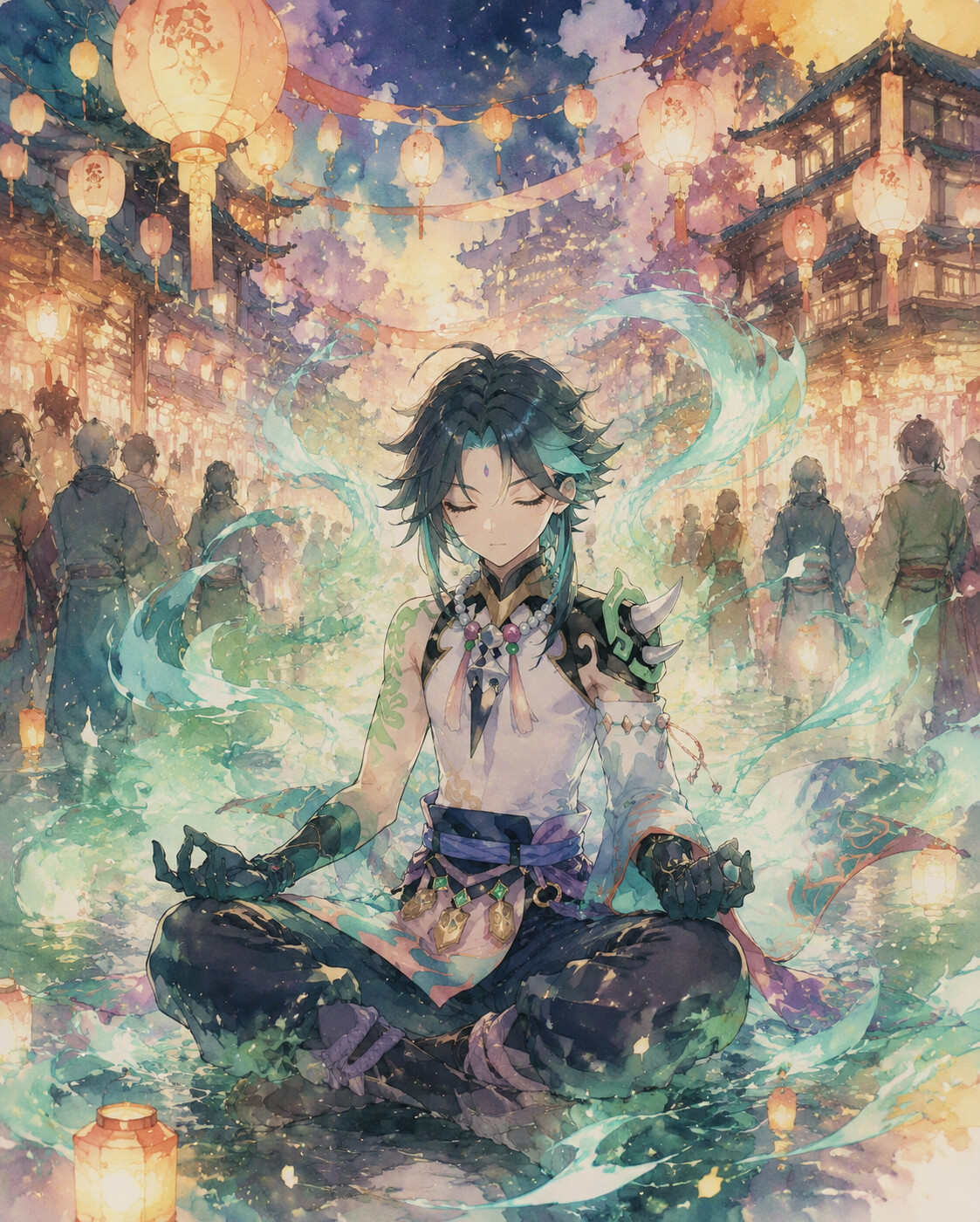 Meditating amidst swirling emerald energy in the bustling streets of Liyue during Lantern Rite (soft watercolor anime)