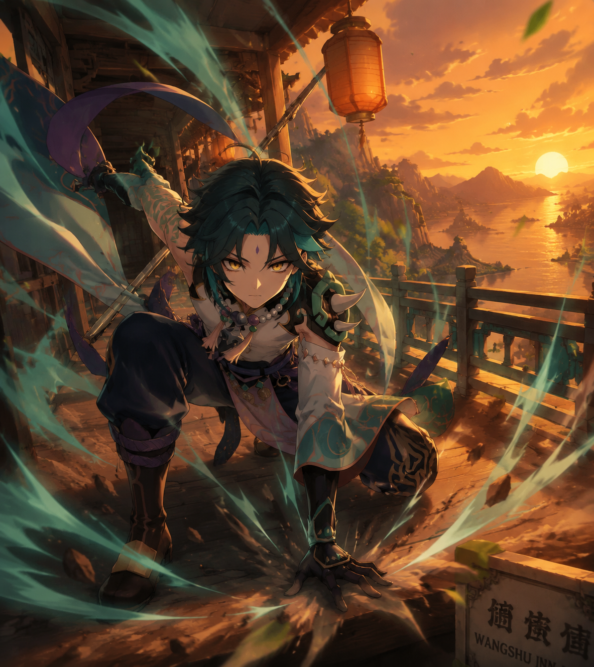 Plunging from the sky in a burst of anemo On the balcony of Wangshu Inn at sunset (cinematic cel-shaded, dramatic sunset glow)