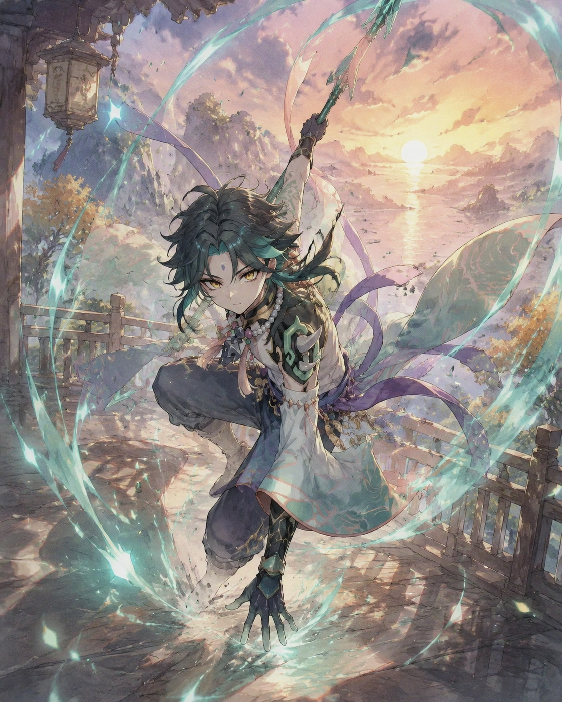 Plunging from the sky in a burst of anemo On the balcony of Wangshu Inn at sunset (soft watercolor anime, dreamlike lighting)