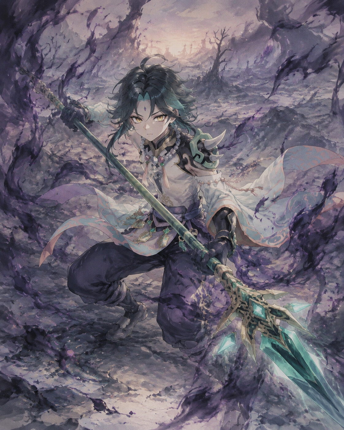 Practicing a swift spear strike in a desolate wasteland surrounded by dark karma (soft watercolor anime)