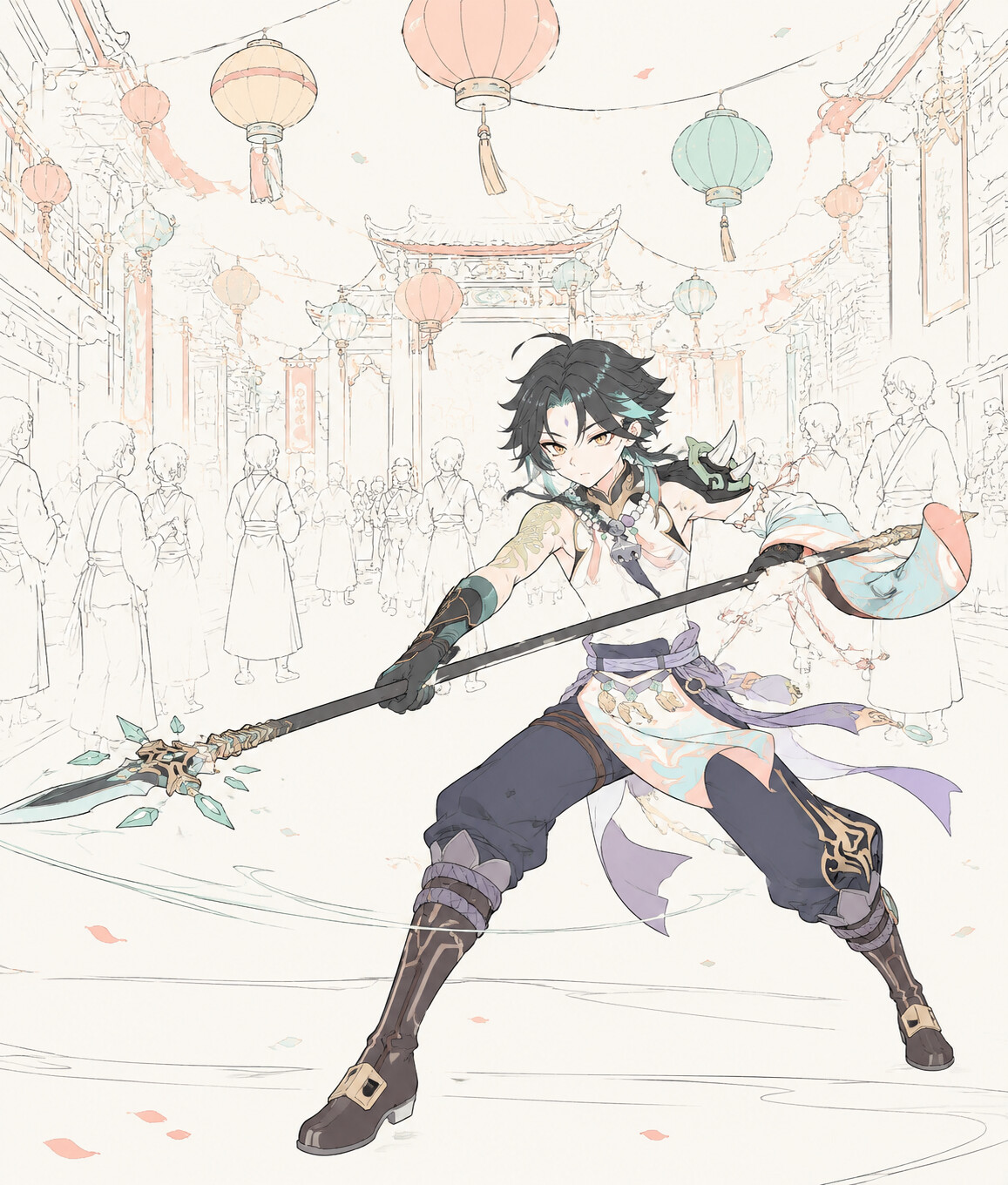 Practicing a swift spear strike in the bustling streets of Liyue during Lantern Rite (minimalist line art)