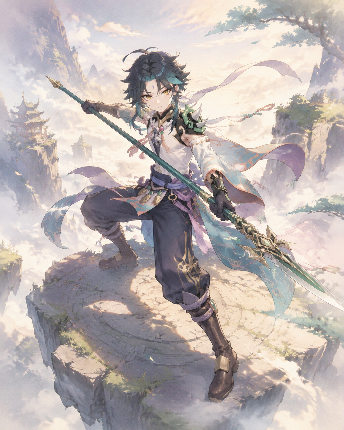 Practicing a swift spear strike On a floating stone platform above the clouds (soft watercolor anime, dreamlike lighting)