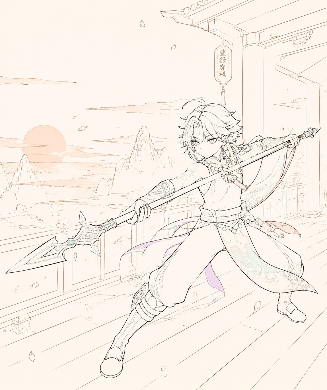 Practicing a swift spear strike on the balcony of Wangshu Inn at sunset (minimalist line art)