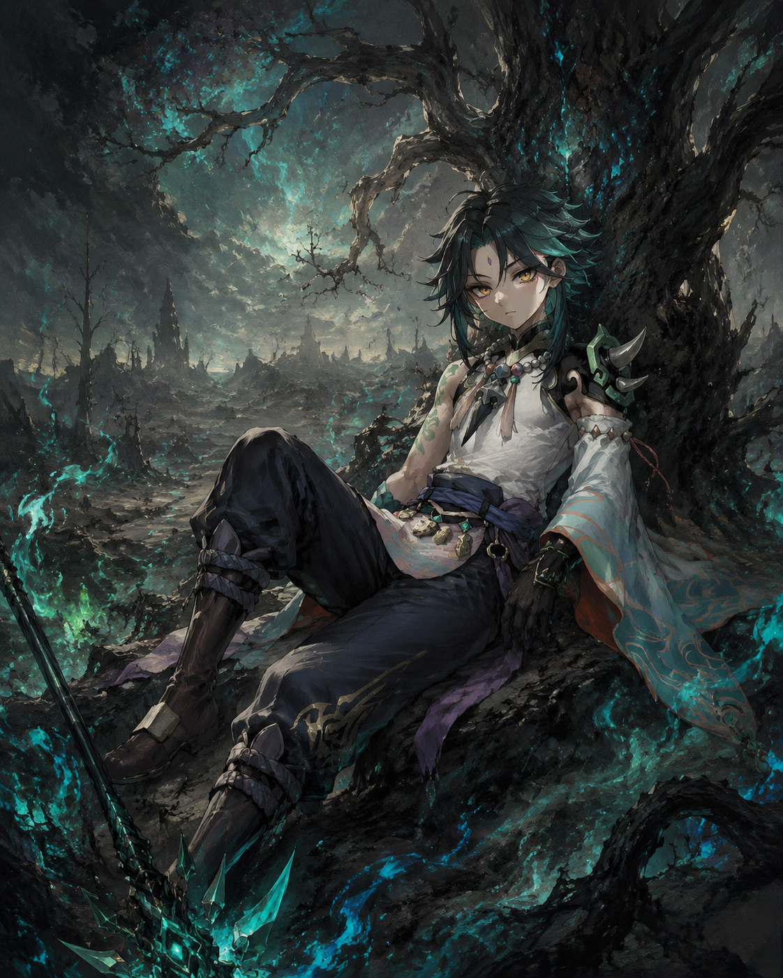 Resting against a gnarled tree trunk In a desolate wasteland surrounded by dark karma (ethereal oil painting, vibrant teal highlights)