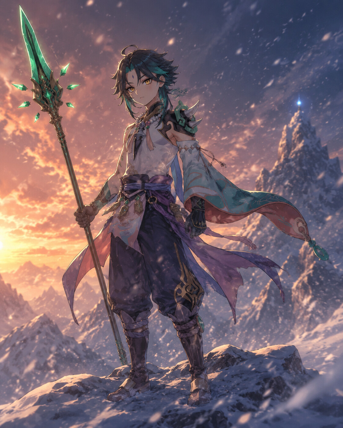 Standing guard with his jade polearm at the snowy peak of Dragonspine during a blizzard (cinematic cel-shaded)