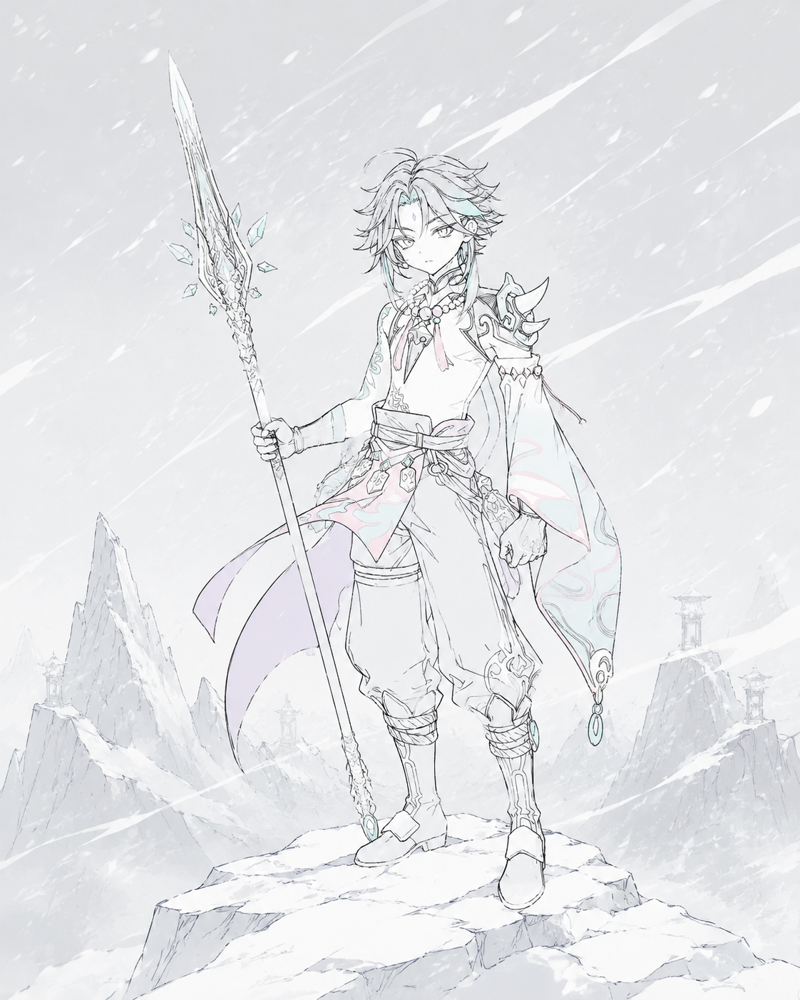Standing guard with his jade polearm At the snowy peak of Dragonspine during a blizzard (minimalist line art, pastel accents)