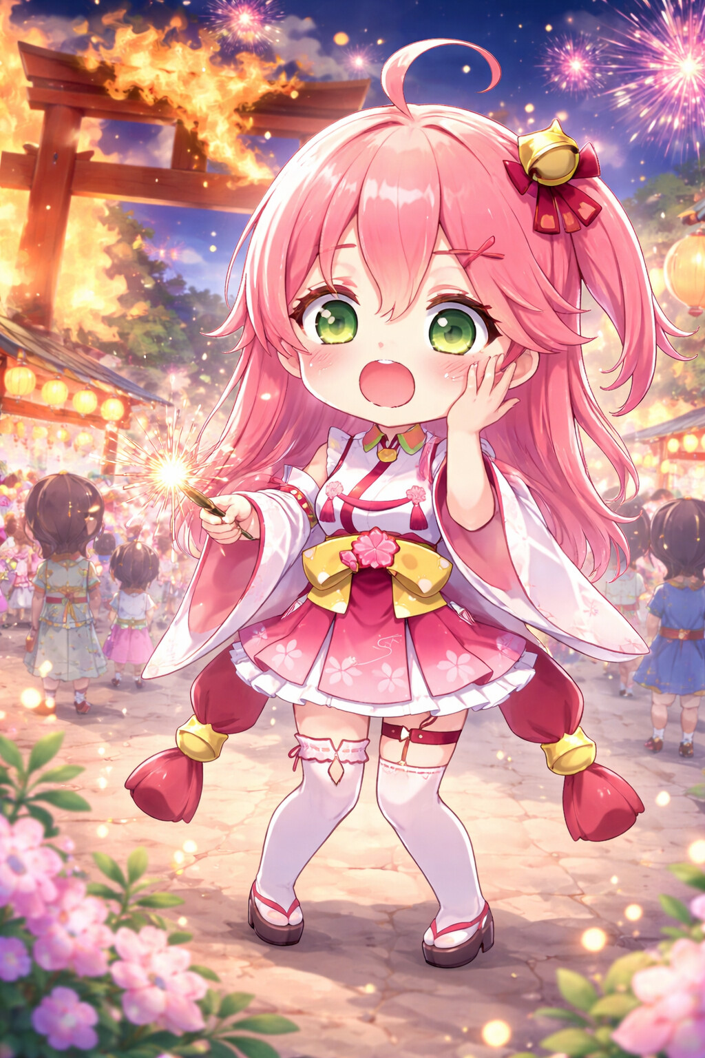 Accidentally setting her shrine's gate on fire at a crowded summer festival night (chibi cute)