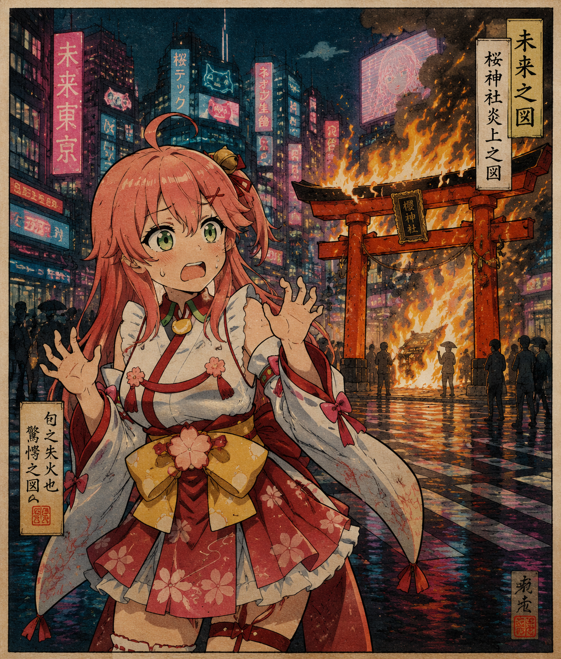 Accidentally setting her shrine's gate on fire At a futuristic neon-lit city intersection (ukiyo-e woodblock print style)